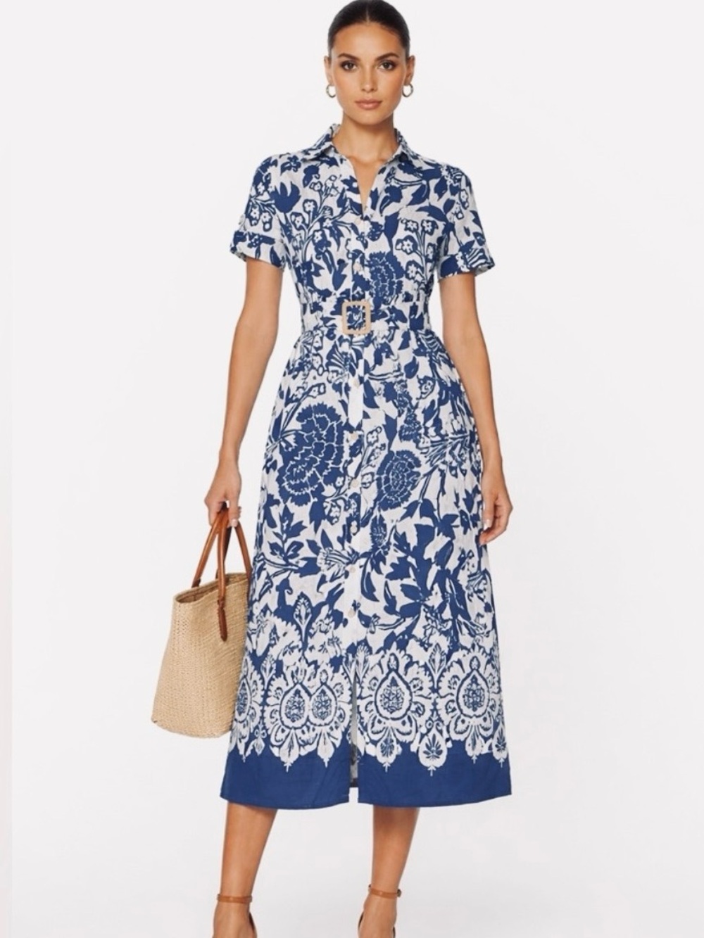 Joie Blue and White Floral Shirtwaist Midi Dress with Buckle